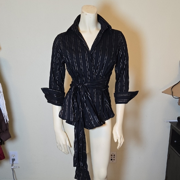Vintage Zara Basic Black Metallic Stripe Wrap Blouse - Picture 15 of 16